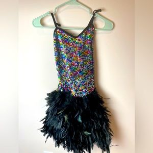 Black sequin dress with feathers